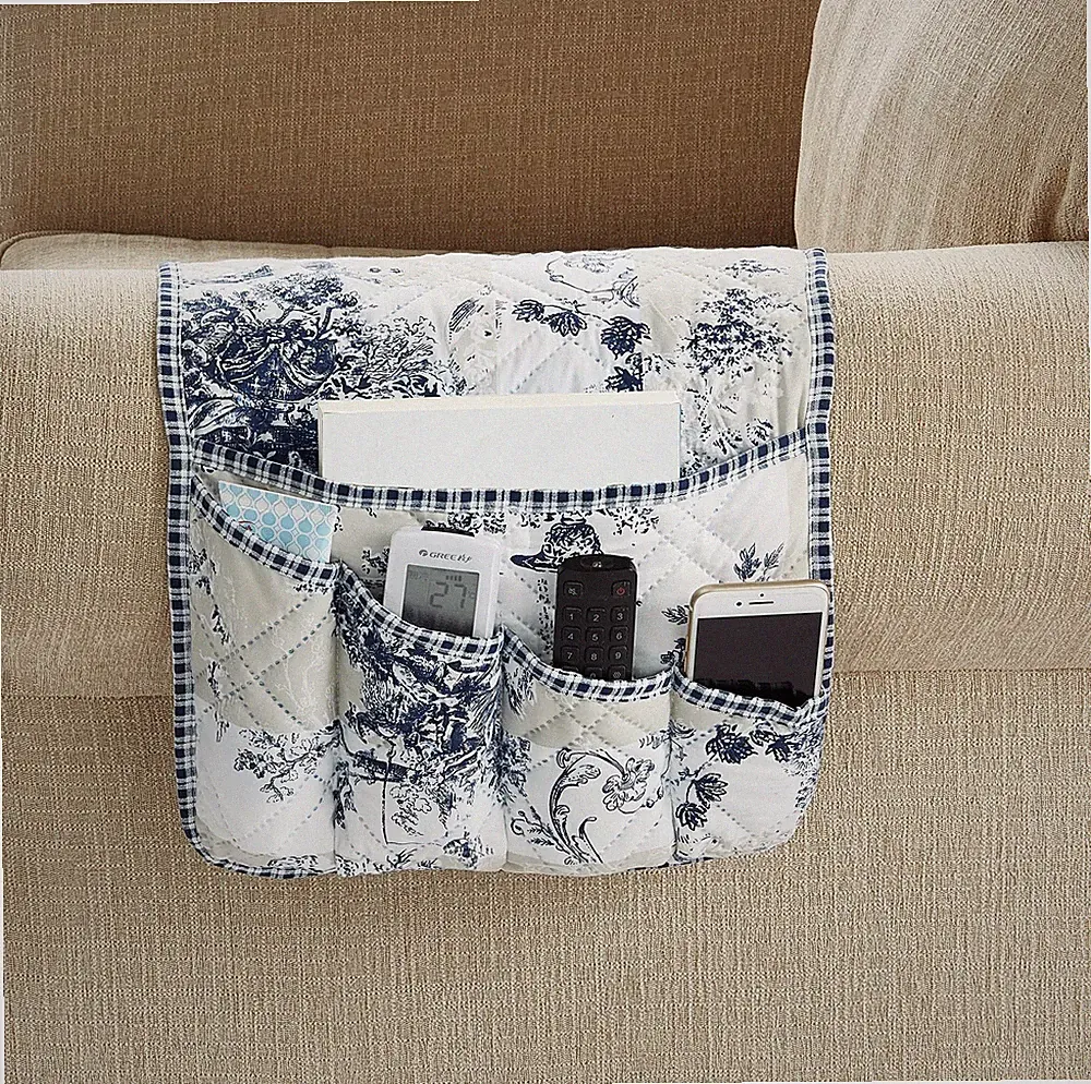 Blue Toile Couch Sofa Armrest 5 Pockets Organizer, Slip Resistant Recliner Ar...