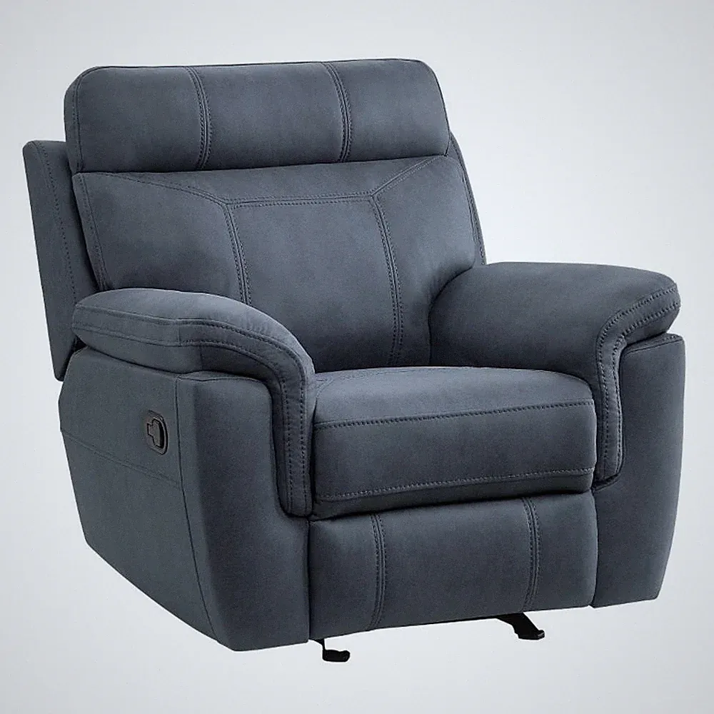 Clif 38 Inch Manual Glider Reclining Accent Chair- Blue Microfiber- Wood