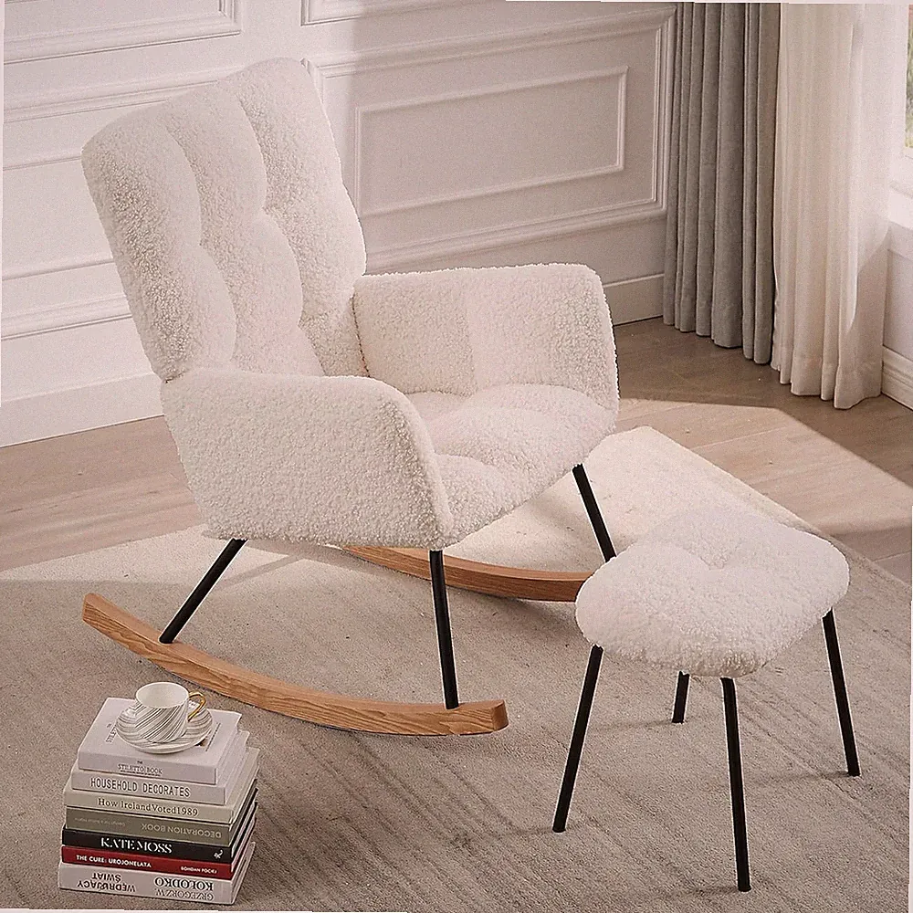 Ergonomic Beige Rocking Chair with High Backrest for Living Room & Bedroom