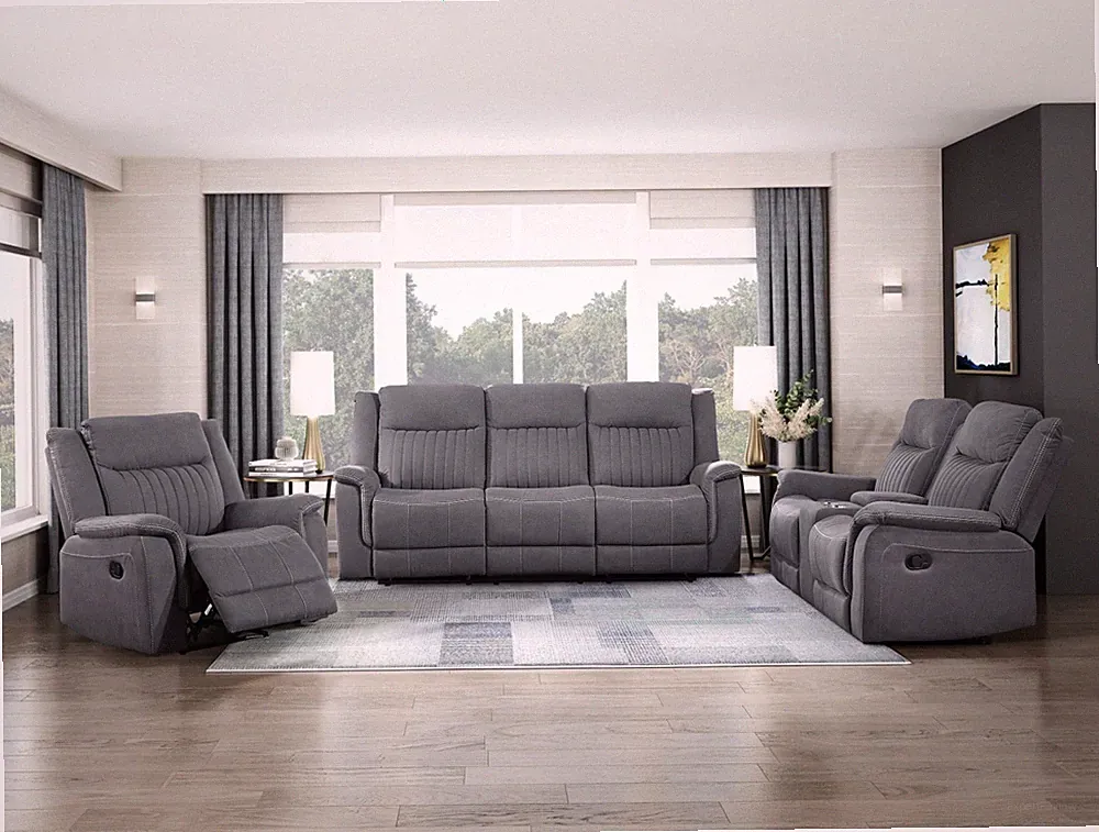 NEW 3PC Sofa Loveseat Chair Gray Microfiber Modern Living Room Recliner Set