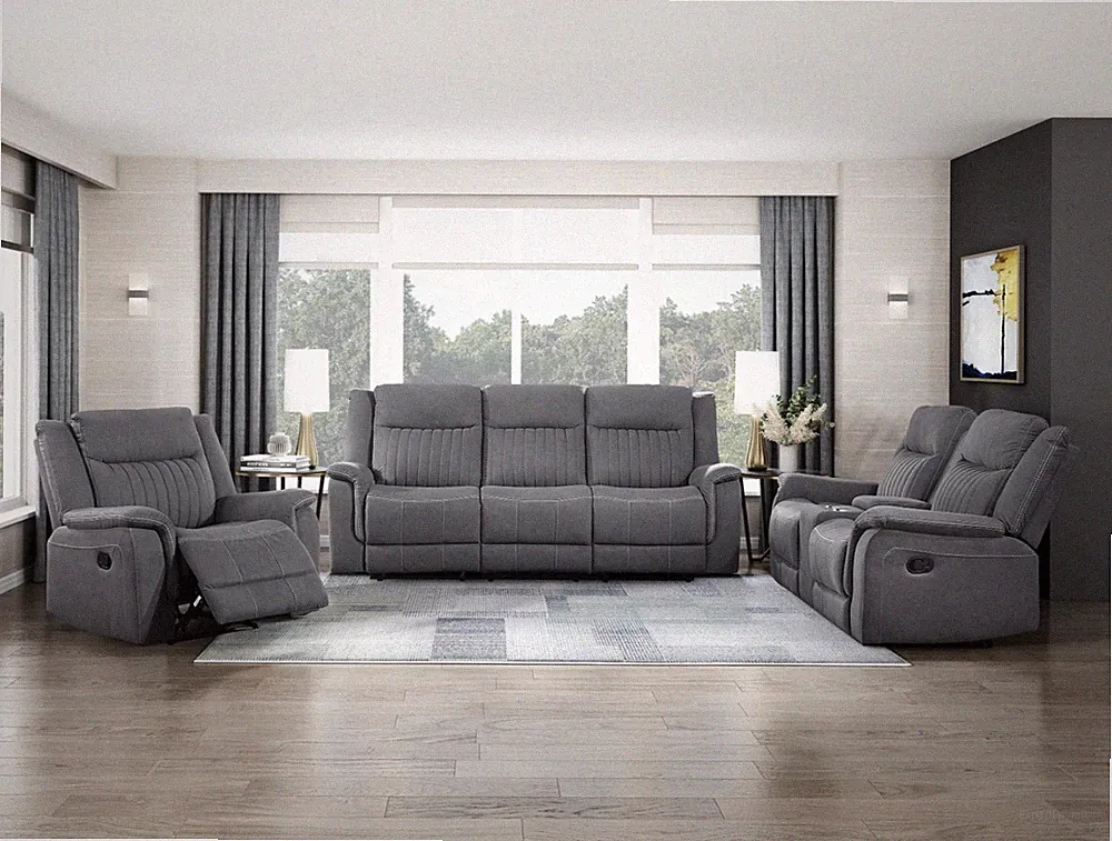 NEW Gray 3PC Sofa Loveseat Chair Recliner Set Microfiber Modern Living Room Set