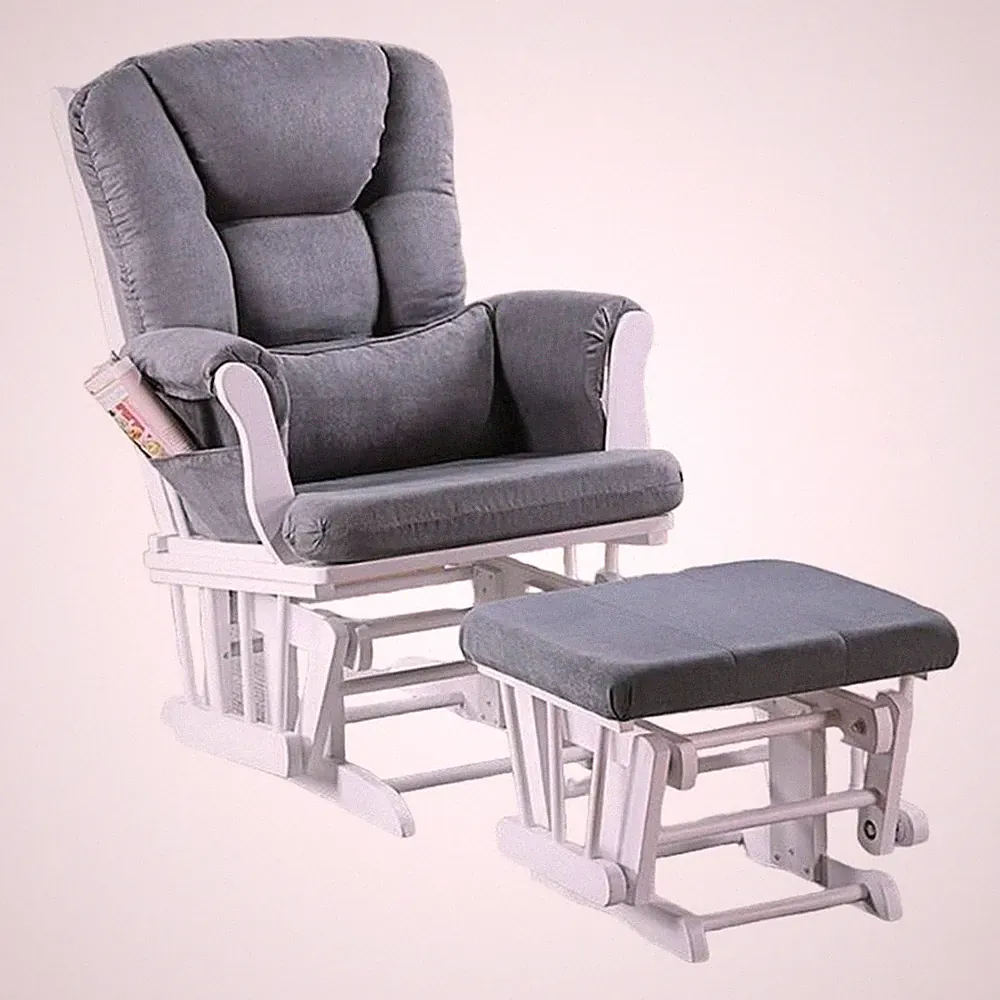 Noni Glider Manual Recliner Chair w Square Ottoman- White Wood- Gray