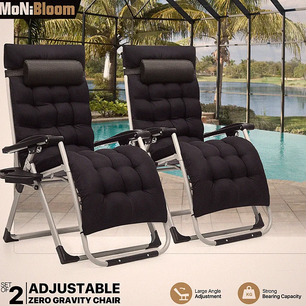 Set of 2 Zero Gravity Chair Foldable Recliner Lounge Chaise w/Detachable Cushion
